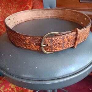 Vintage Small 30 32 Belt Leather Tooled Cowboy Hippy Brass Buckle Monogram Gary